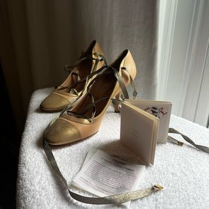 Chanel pink and gold lace up heels
